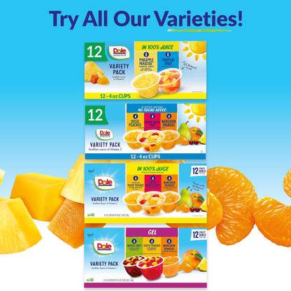 Dole Fruit Bowls No Sugar Added Variety Pack Snacks, Peaches, Mandarin Oranges & Cherry Mixed Fruit, 4oz 12 Cups, Gluten & Dairy Free, Bulk Lunch Snacks for Kids & Adults