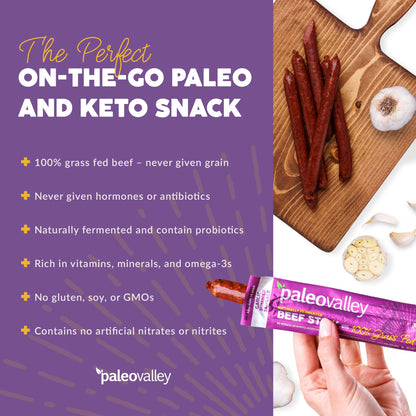 Paleovalley 100% Grass Fed Original Beef Sticks - Delicious Gluten Free Beef Snack - High Protein Keto Friendly