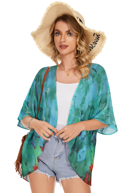 Women's Floral Print Puff Sleeve Kimono Cardigan Loose Cover Up Casual Blouse Tops