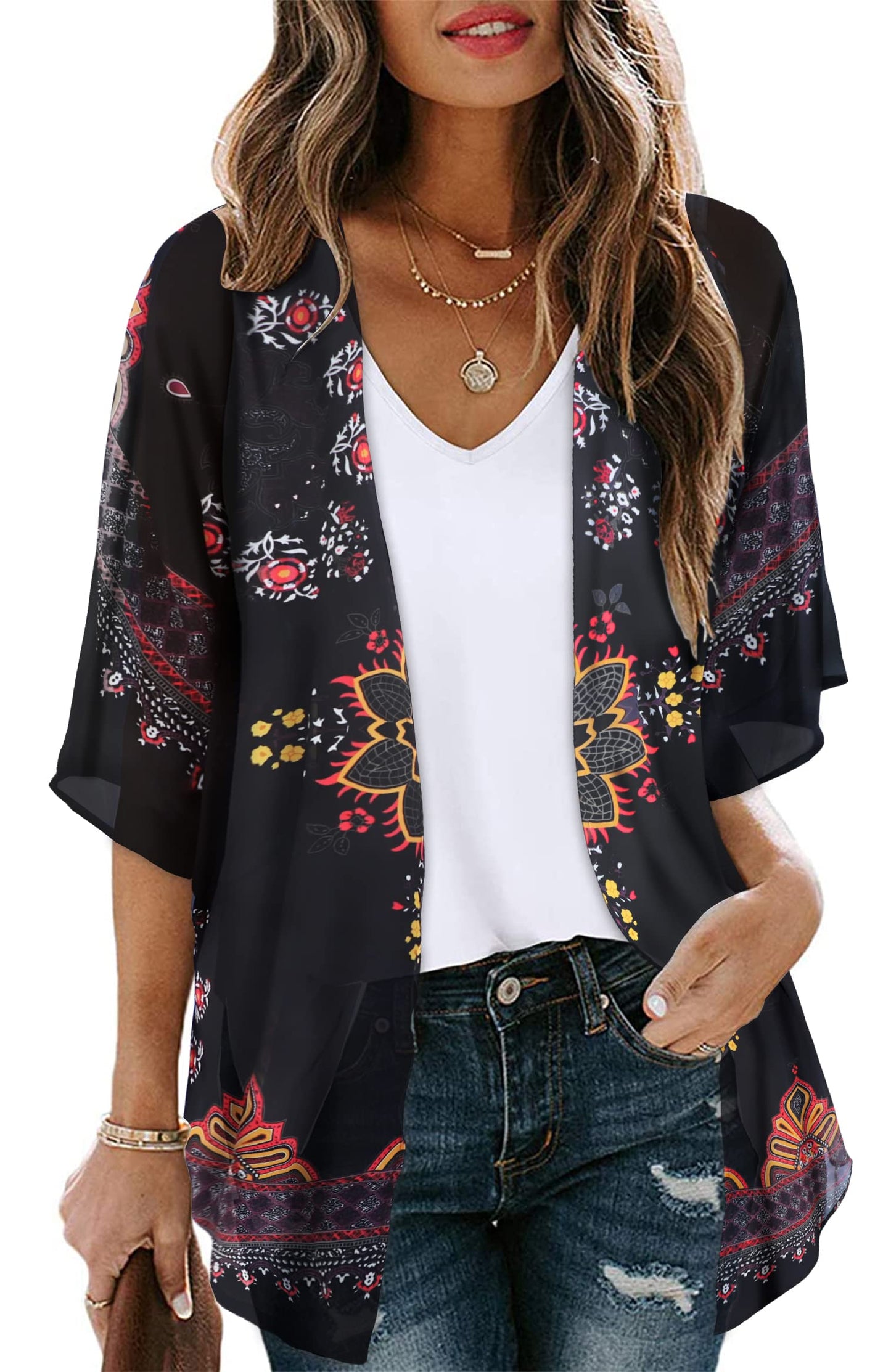 Women's Floral Print Puff Sleeve Kimono Cardigan Loose Cover Up Casual Blouse Tops