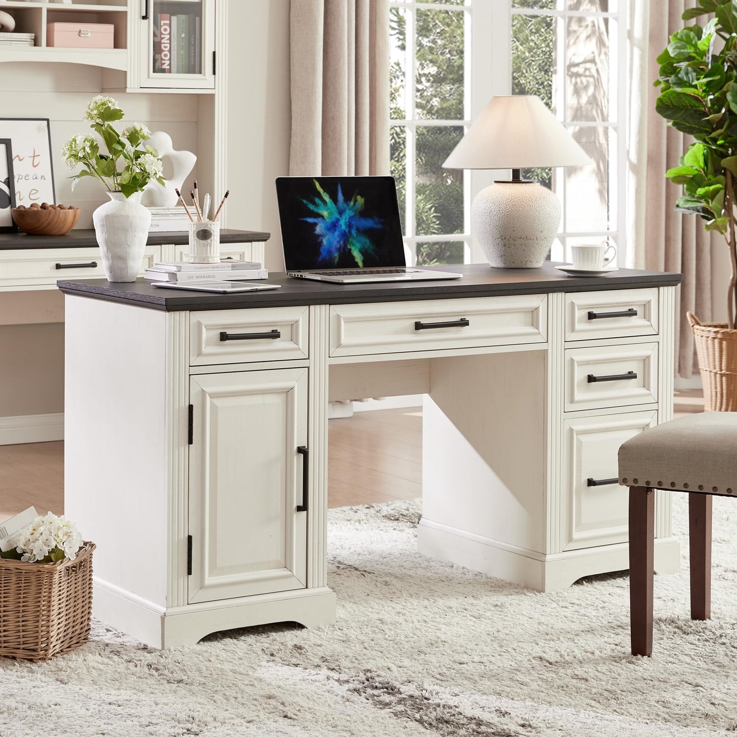 JXQTLINGMU 58" Executive Desk, Farmhouse Computer Desk with Drawers and Cabinet, Embossed Texture Home Office Desk, Workspace for Work Study Writing, Off White