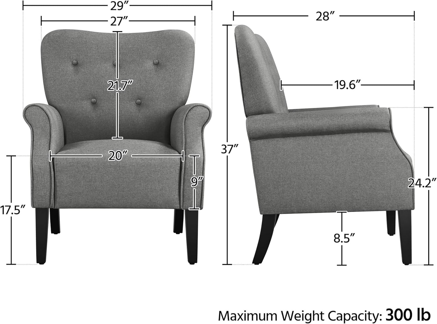 Yaheetech Modern Armchair, Mid Century Accent Chair with Sturdy Wood Legs and High Back for Small Space, Upholstered Fabric Sofa Club Chair for Living Room/Bedroom/Office, Dark Gray