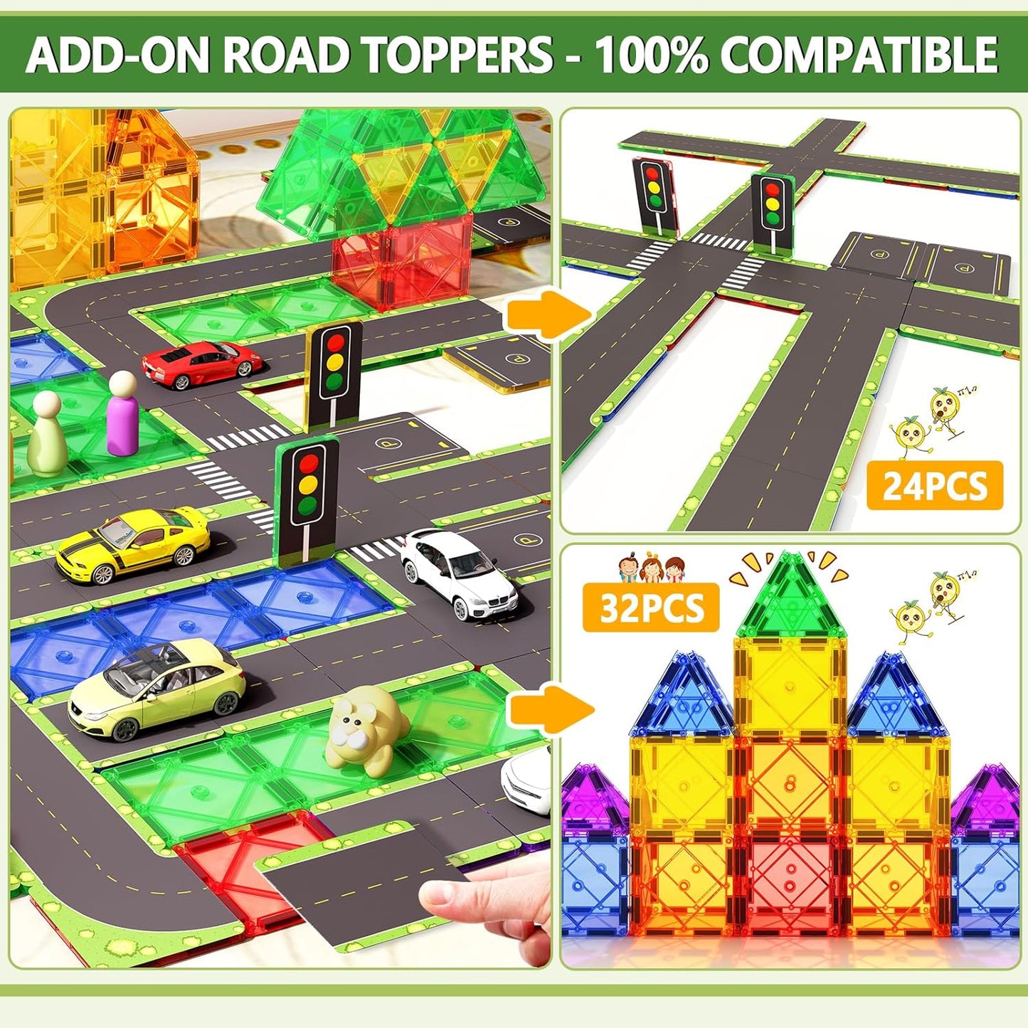 56PCS Magnetic Tiles Road Toppers Set Kids Toys for 3 Year Old Boys and Girls Playing with Car Toys Preschool Learning Activities Gift for 3 4 5 6 Year Old Toddlers Kids