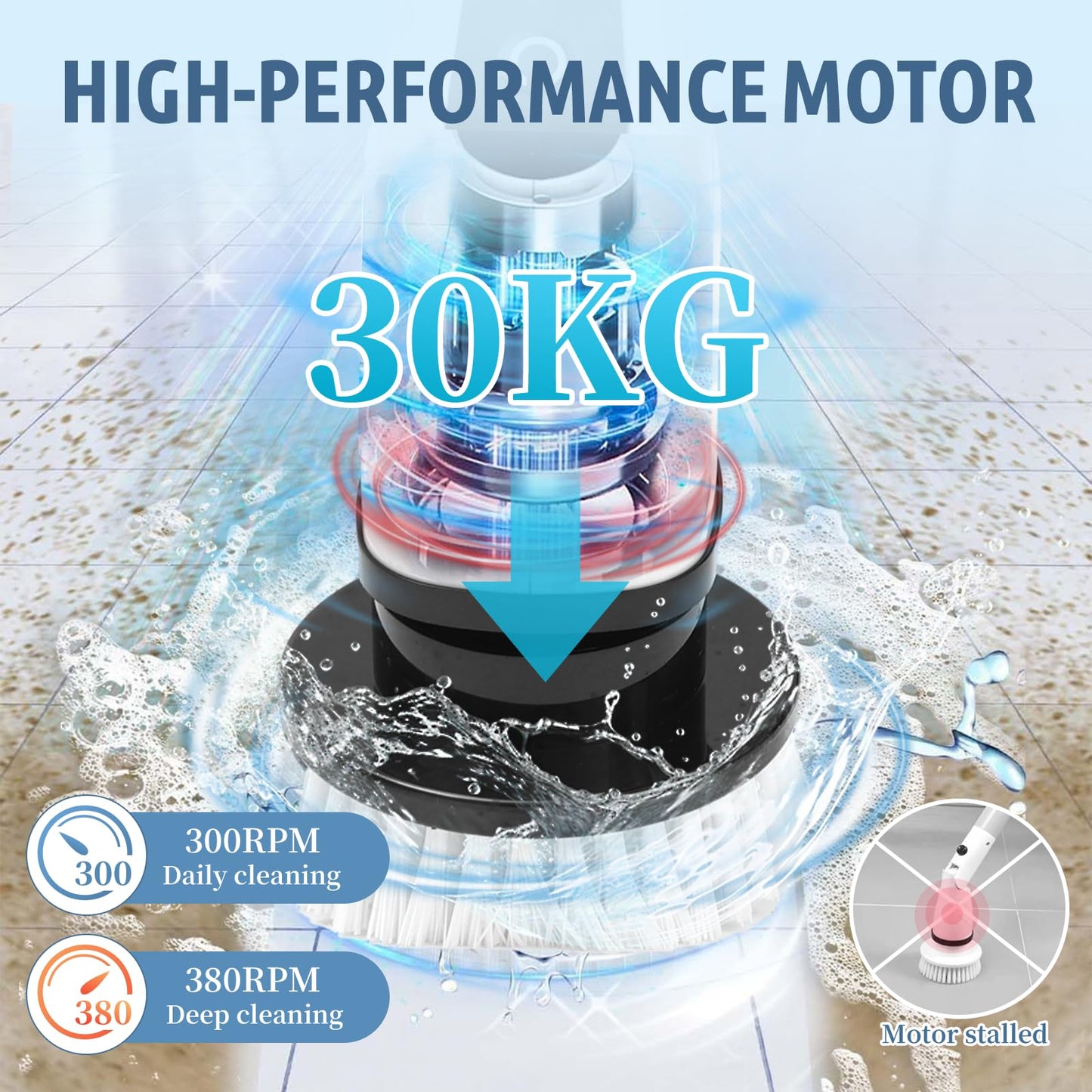 Cordless Electric Spin Scrubber, 380 RPM 30KG Non-Stalling 2 Speeds Power Bathroom Shower Cleaner, Ultra 3H Work Time Spin Cleaning Brush Supplies, 7 Heads for Bathtub Tile Floor Car Toilet