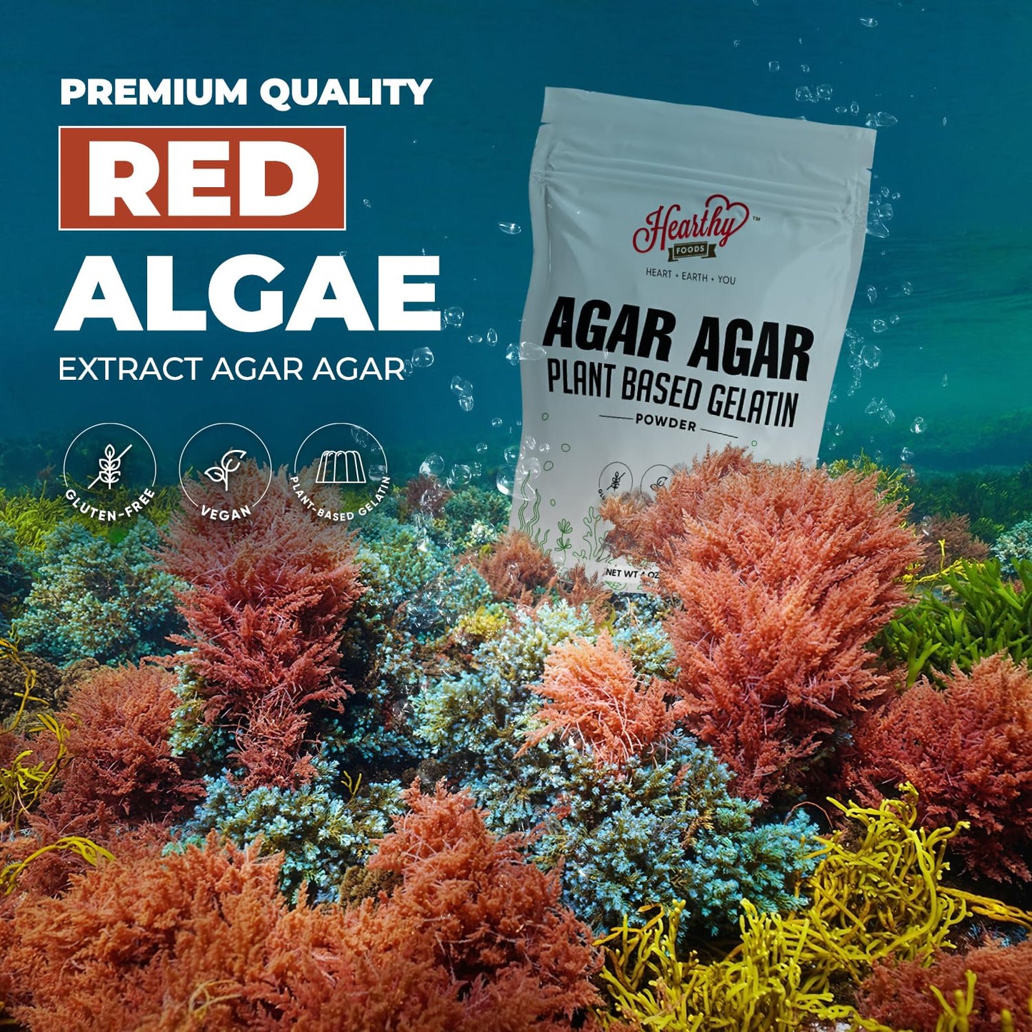 Hearthy Foods Agar Agar Powder (4oz) Vegan Gelatin Substitute, Certified Halal, Kosher, Gluten-free, Non-GMO, 100%, Sugar-free, Kosher, Halal, Desserts, 100% Natural Red Algae