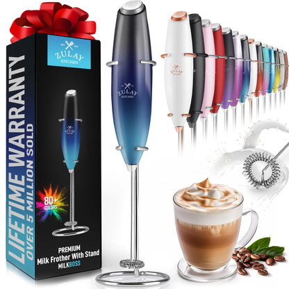 Zulay Powerful Milk Frother (4 Duracell Batteries Included) - Handheld Milk Frother Wand Drink Mixer for Coffee - Powerful Milk Foamer for Cappuccino, Frappe, Matcha & Coffee Creamer - Black