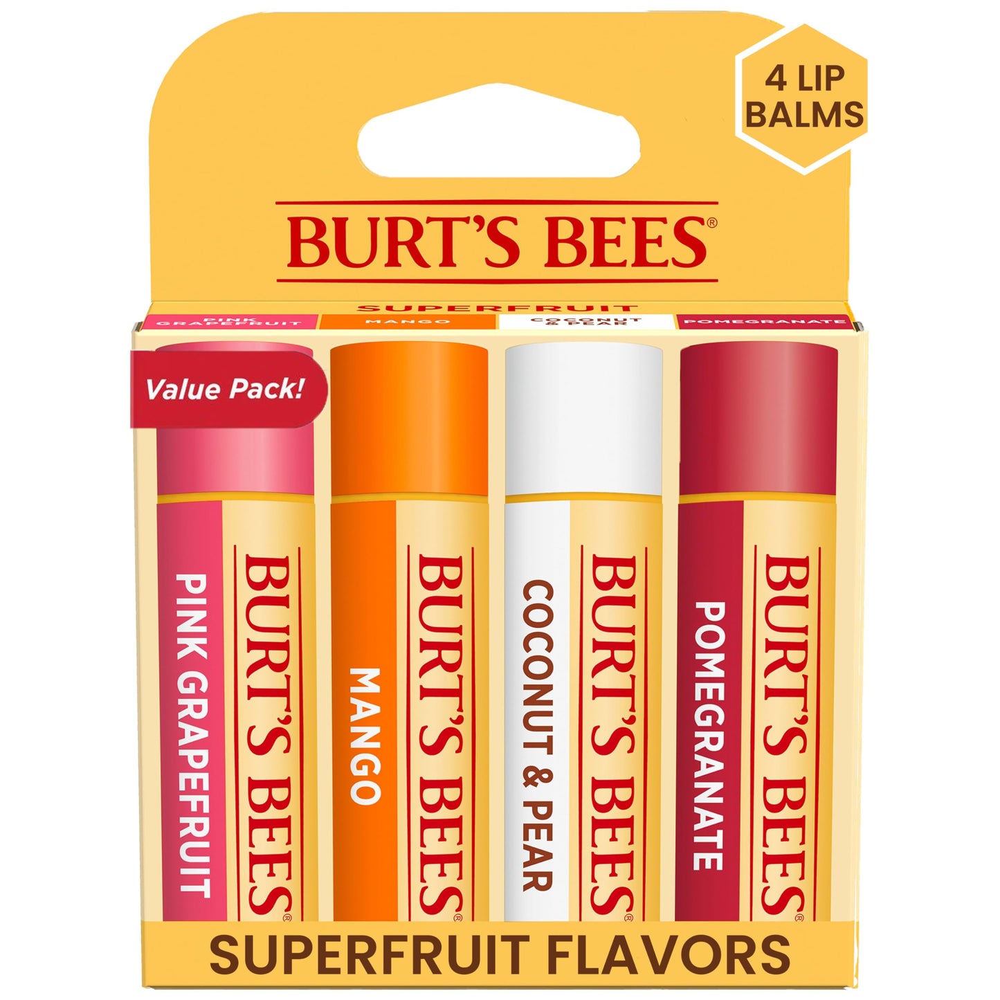 Burt's Bees Lip Balm - Pink Grapefruit, Mango, Coconut & Pear, and Pomegranate Pack, Lip Moisturizer With Beeswax, Tint-Free, Natural Origin Conditioning Lip Treatment, 4 Tubes, 0.15 oz.