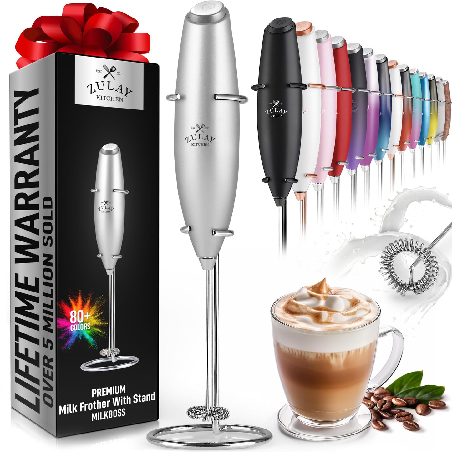 Zulay Powerful Milk Frother (4 Duracell Batteries Included) - Handheld Milk Frother Wand Drink Mixer for Coffee - Powerful Milk Foamer for Cappuccino, Frappe, Matcha & Coffee Creamer - Black