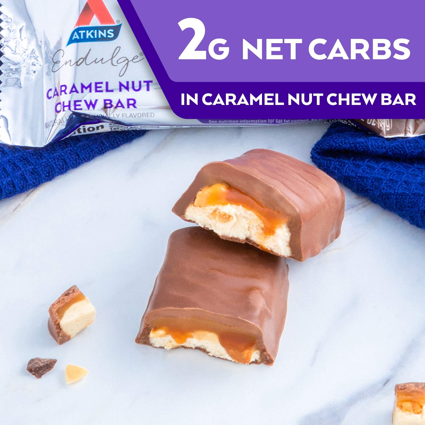 Atkins Endulge Caramel Nut Chew Bar, Dessert Favorite, 1g Sugar, Good Source of Fiber, Low Sugar, 10 Count