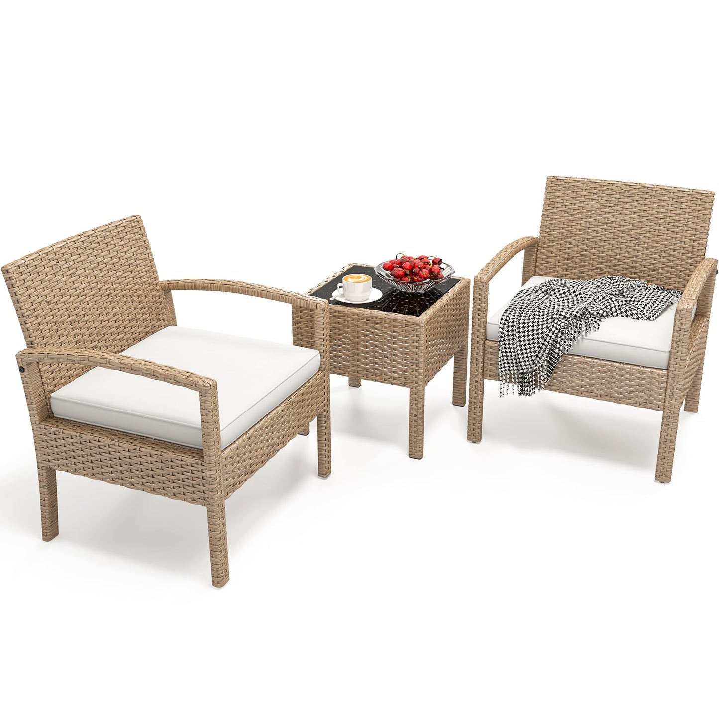 YITAHOME 4-Piece Patio Bistro Set, All-Weather Outdoor Patio Furniture Rattan Wicker Loveseat Conversation Set with Wooden Armrests, Curved Backrest, Glass Side Table, and Soft Cushions - Light Brown