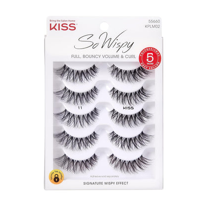 KISS So Wispy, False Eyelashes, Style #11', 12 mm, Includes 5 Pairs Of Lashes, Contact Lens Friendly, Easy to Apply, Reusable Strip Lashes, Glue On, Mulitpack