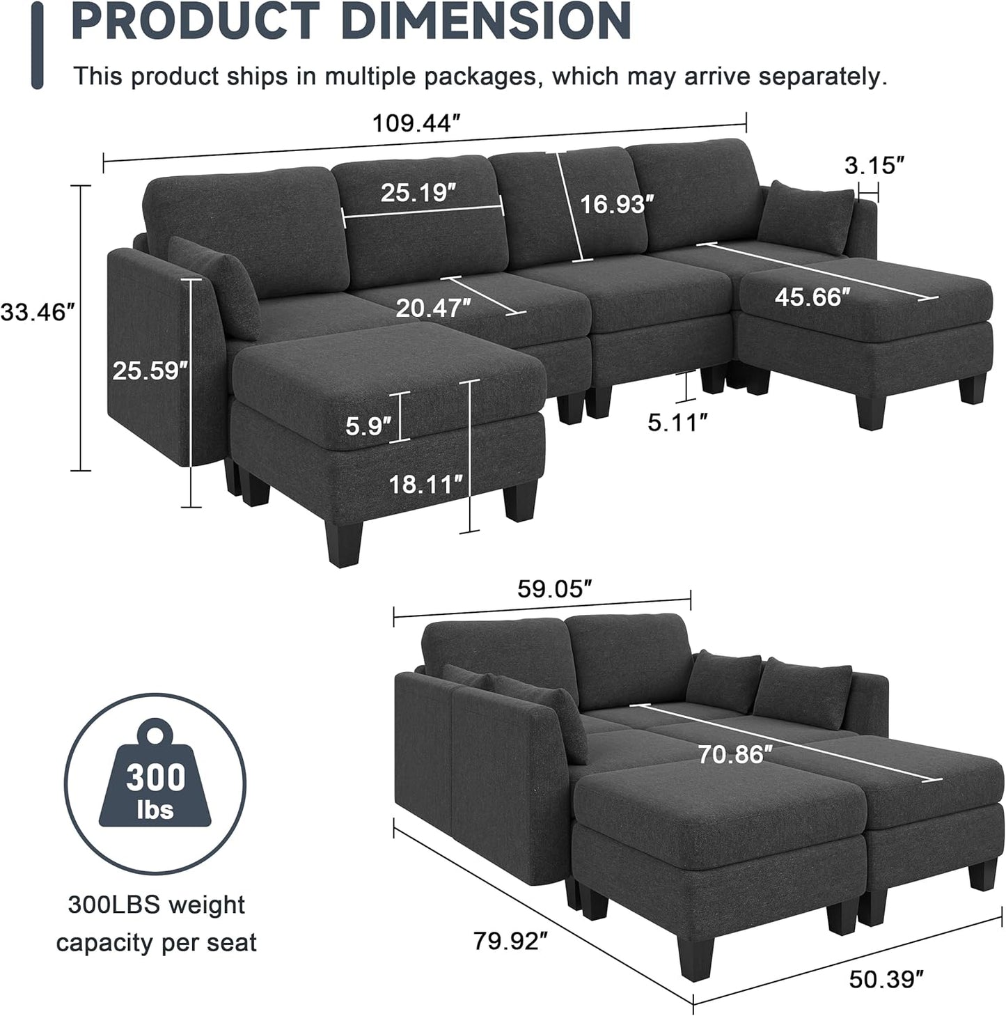 Modular Sectional Sofa, Convertible U Shaped Sofa Couch with High Density Memory Foam, 6 Seat Comfy Modular Sofa Couch for Living Room, Modern U Shaped Sectional Sofa, Dark Grey