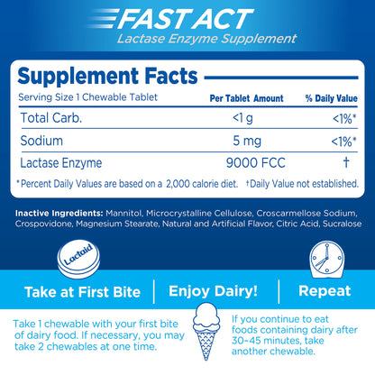 Lactaid Fast Act Lactose Intolerance Chewables with Enzymes, Vanilla Twist, 32 Count