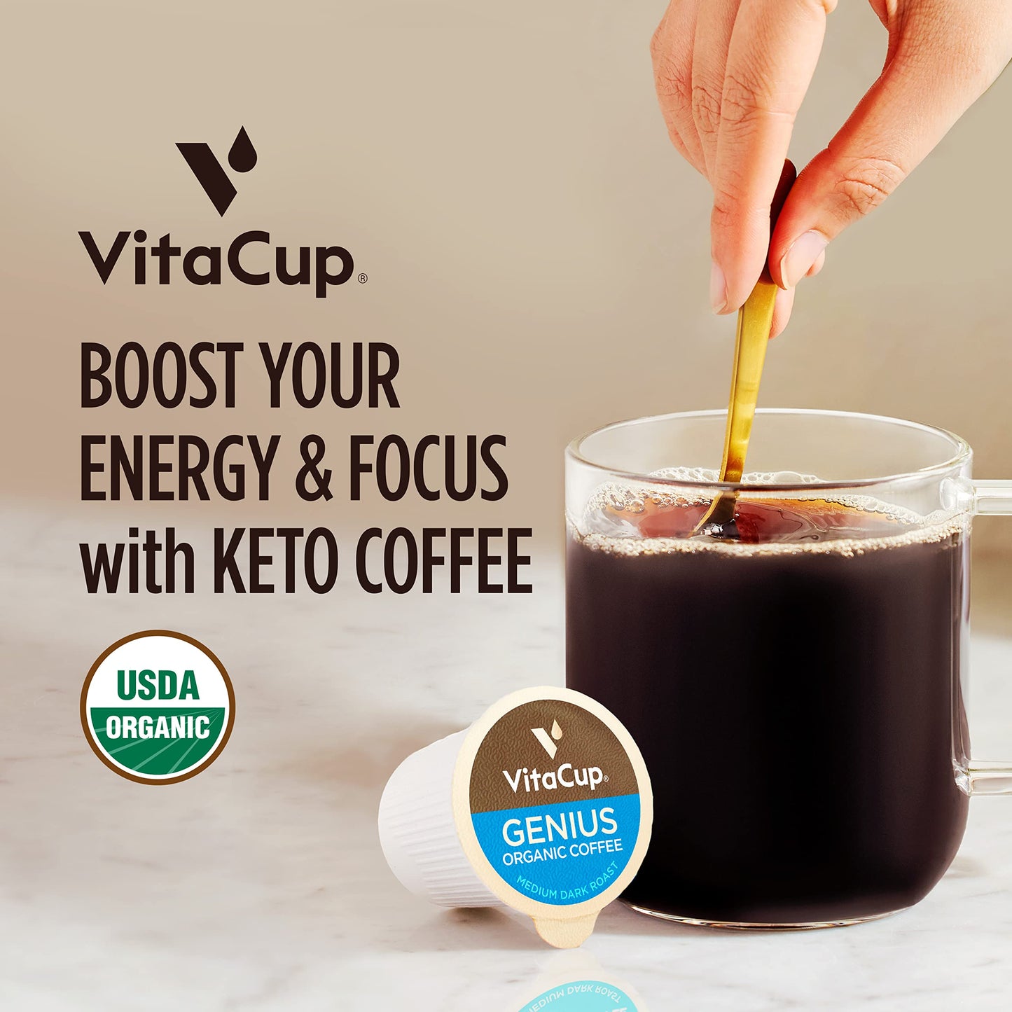 VitaCup Mushroom Coffee Pods - Boost Focus & Immunity with Lions Mane, Chaga, Vitamins, for Memory & Clarity, Recyclable K-Cup Pods, 16 Ct