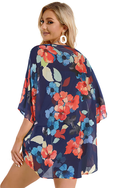 Women's Floral Print Puff Sleeve Kimono Cardigan Loose Cover Up Casual Blouse Tops