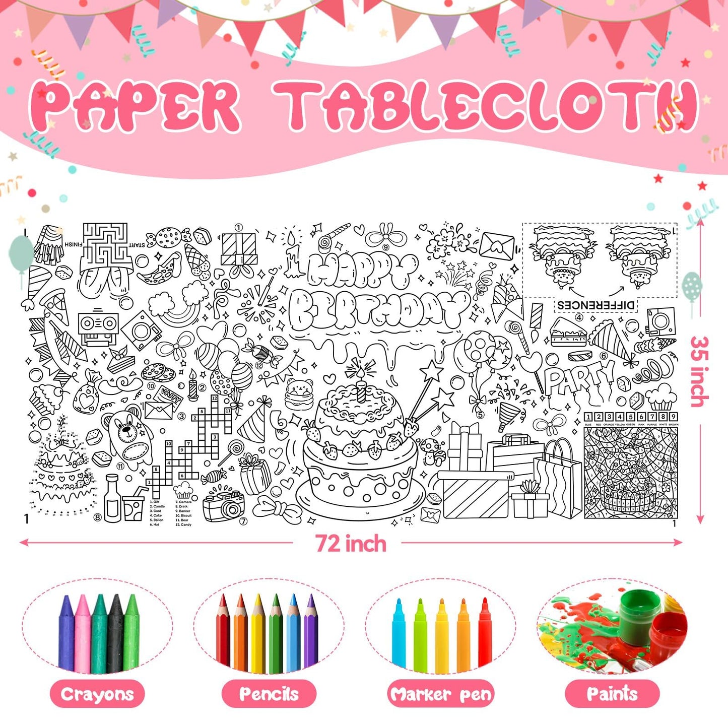 PADTIC Giant Coloring Poster,30x72Inch Happy Birthday Drawing Paper Coloring Tablecloth,DIY Birthday Activity Poster Table Cover,Kids Art Crafts Coloring Mat,Home Classroom Birthday Party Suppiles