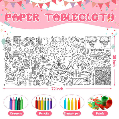 PADTIC Giant Coloring Poster,30x72Inch Happy Birthday Drawing Paper Coloring Tablecloth,DIY Birthday Activity Poster Table Cover,Kids Art Crafts Coloring Mat,Home Classroom Birthday Party Suppiles