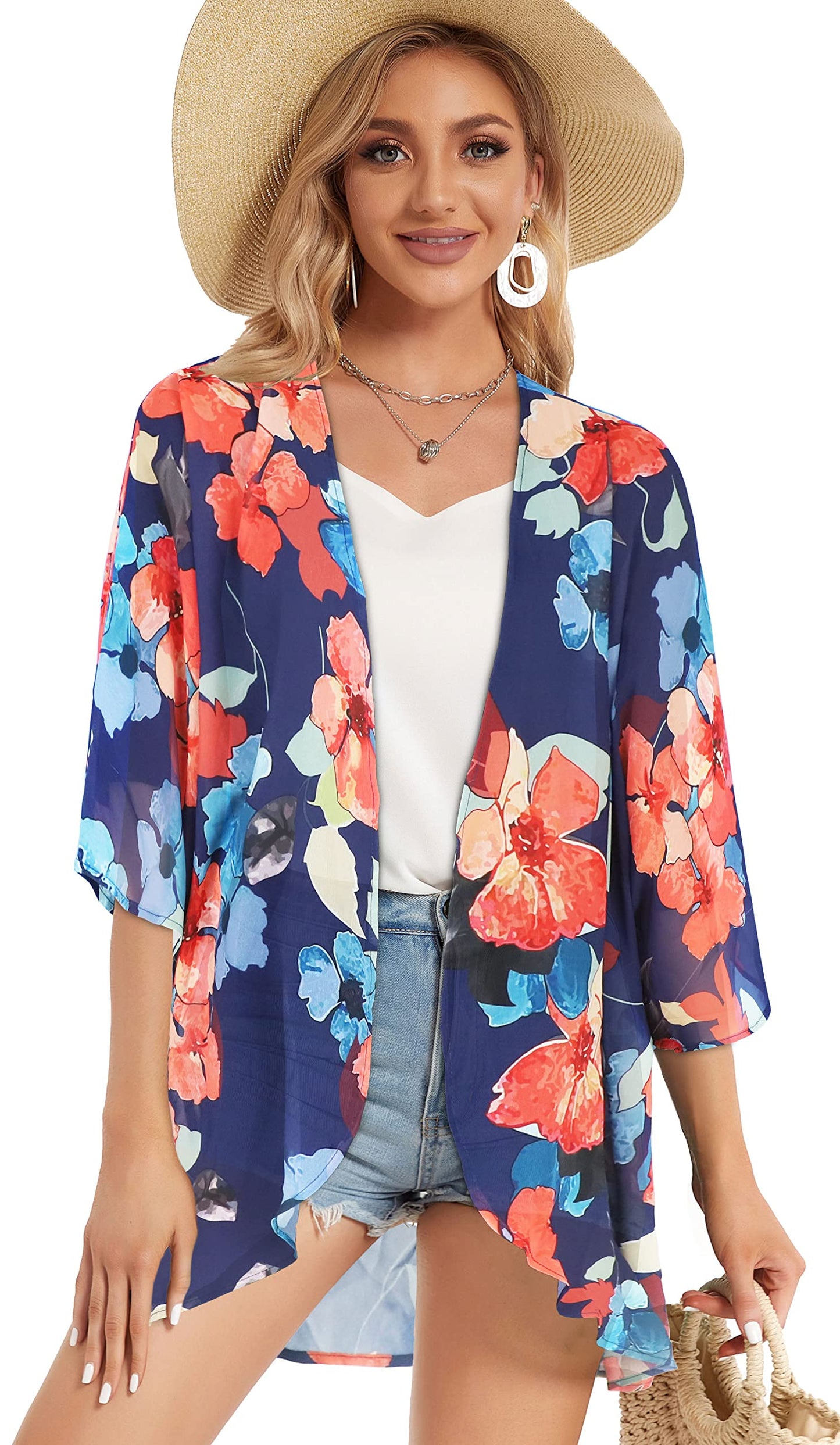 Women's Floral Print Puff Sleeve Kimono Cardigan Loose Cover Up Casual Blouse Tops