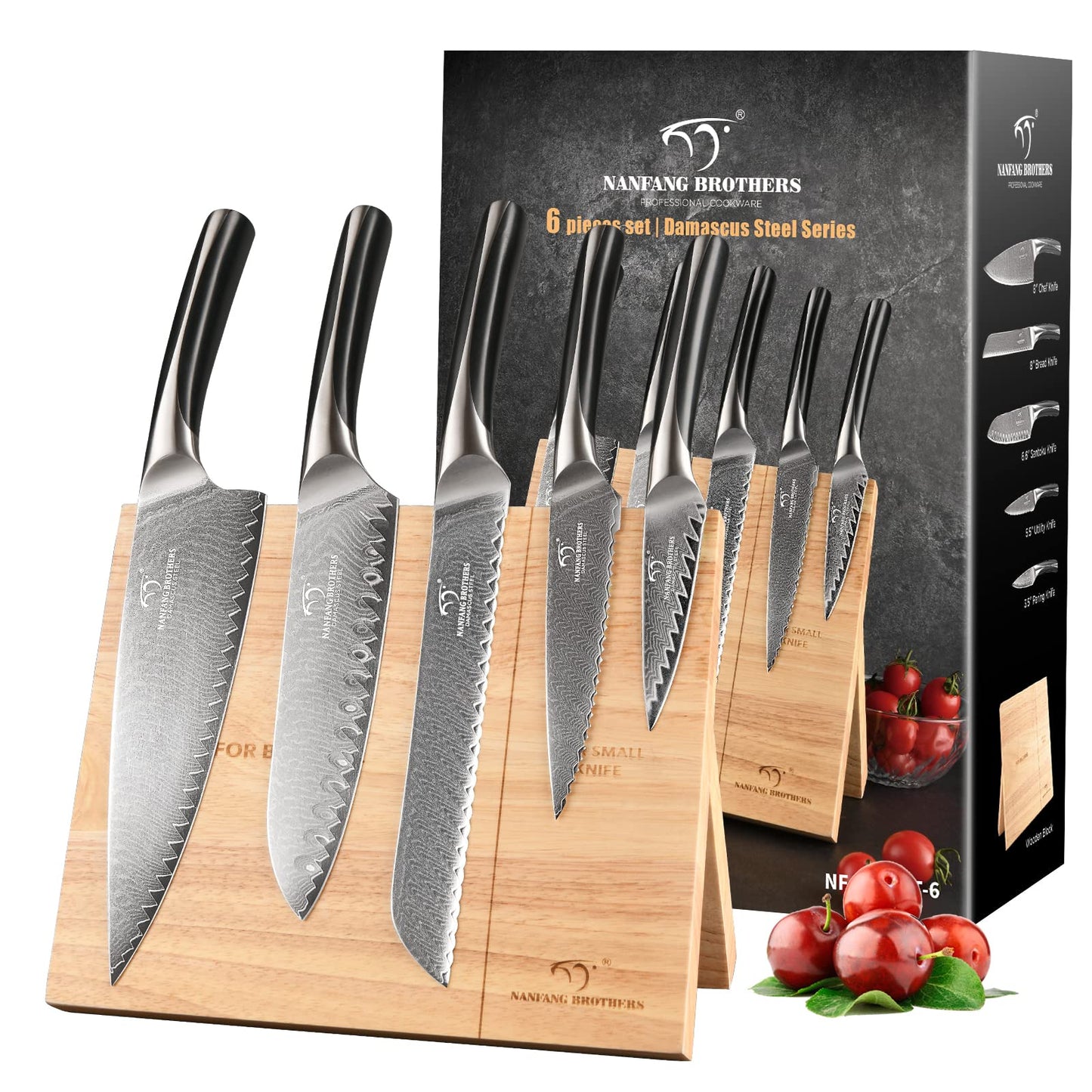 Knife Set, NANFANG BROTHERS 15-Piece Damascus Kitchen Knife Set with Block, ABS Ergonomic Handle for Chef Knife Set, Carving Fork, Disconnect-type Knife Block Set