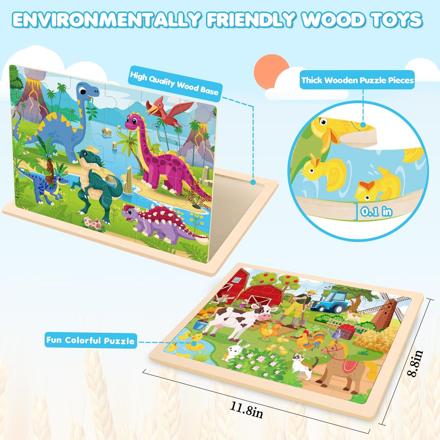 4-in-1 Farm Wooden Puzzles for Kids Ages 4-6, 24 PCS Wooden Jigsaw Puzzles for Toddlers Ages 2-4, Preschool Educational Puzzles Boards Toys Gifts for 3 4 5 6 Boys Girls