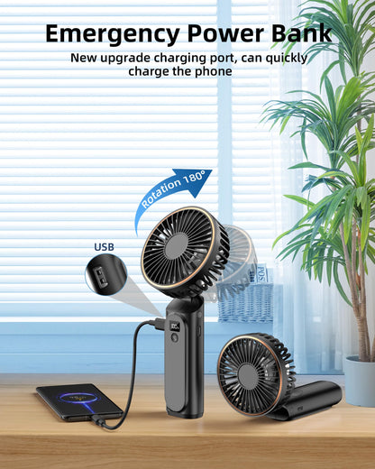 TUNISE Portable Handheld Fan, Portable Fan Rechargeable, 4000mAh, 180° Adjustable, 6 Speed Wind, Display Electricity in Real Time, USB Rechargeable Foldable Fan, Quiet Personal Fan as the Power Bank