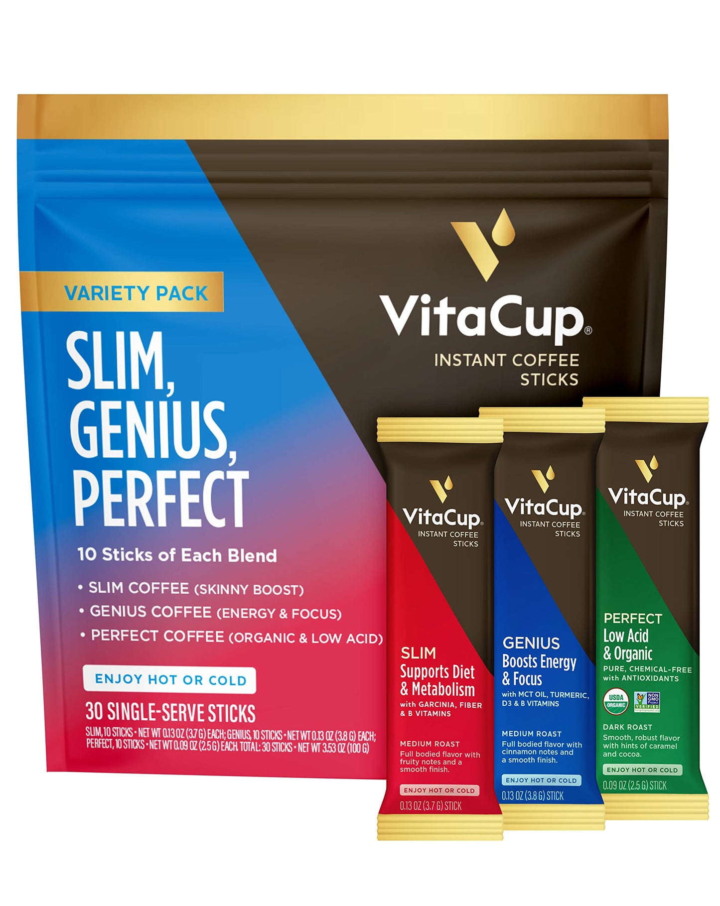 VitaCup Slim Instant Coffee Packets, with Garcinia, Fiber, B Vitamins, Bold & Smooth, Medium Dark Roast, 100% Arabica Coffee in Single Serve Sticks, 24 Ct