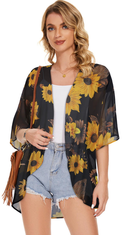 Women's Floral Print Puff Sleeve Kimono Cardigan Loose Cover Up Casual Blouse Tops