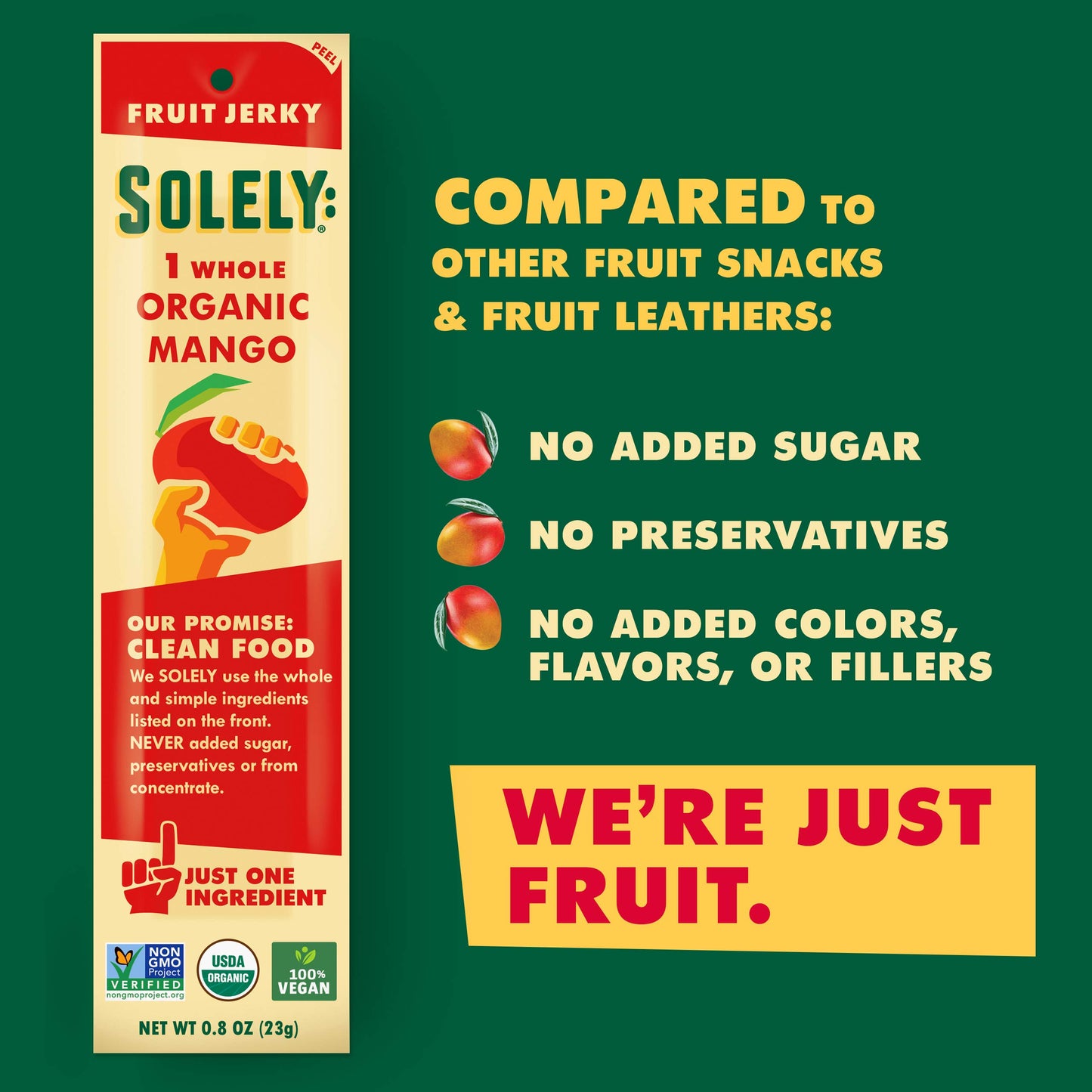 Solely - Organic Mango Fruit Jerky - 12 Individually Wrapped Fruit Strips - Fruit Leather Made from Dried Fruit - Healthy Snacks, Vegan - 0.8oz (23g)