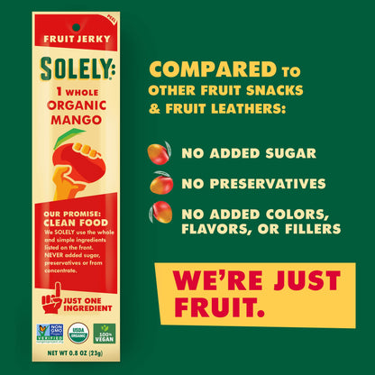 Solely - Organic Mango Fruit Jerky - 12 Individually Wrapped Fruit Strips - Fruit Leather Made from Dried Fruit - Healthy Snacks, Vegan - 0.8oz (23g)