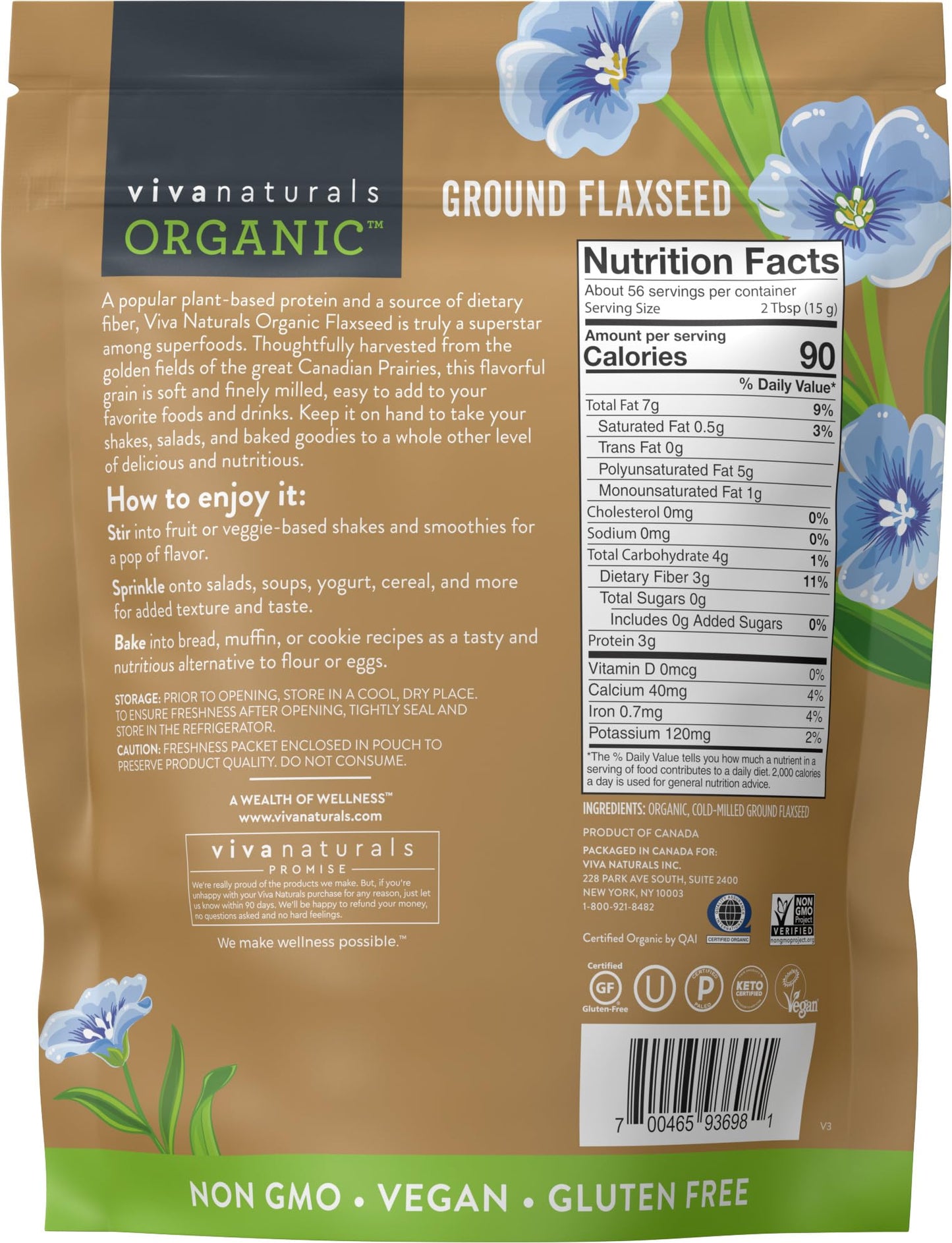 Viva Naturals Organic Ground Flaxseed - Premium Quality Plant-Based Protein and Vegan Omega 3 with Fiber, Perfect for Smoothies, Finely Milled Flaxseed 15 oz (425 g)