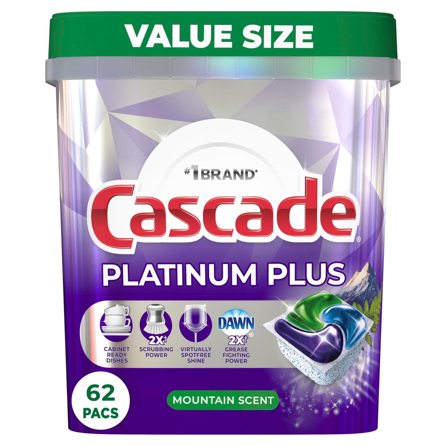 Cascade Platinum Plus ActionPacs Dishwasher Detergent Pods, Mountain, 62 Count