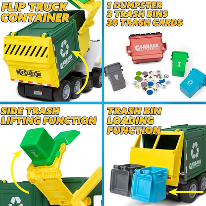 JOYIN Large Friction Powered Garbage Truck Toy Set, Includes Dumpster, Trash Bins, and Learning Cards for Kids