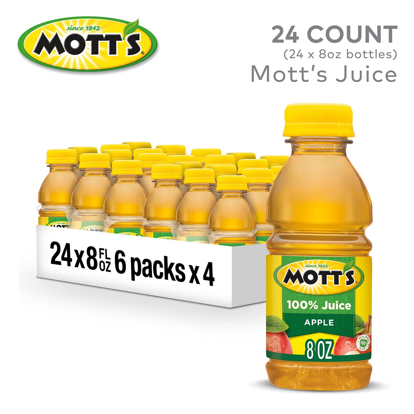 Mott's 100% Original Apple Juice, 8 Fl Oz Bottles, 24 Count (4 Packs Of 6), 2 Servings Of Fruit, 100% Fruit Juice, Gluten-free, Caffeine-free, Kosher, Contains No Artificial Colors Or Sweeteners