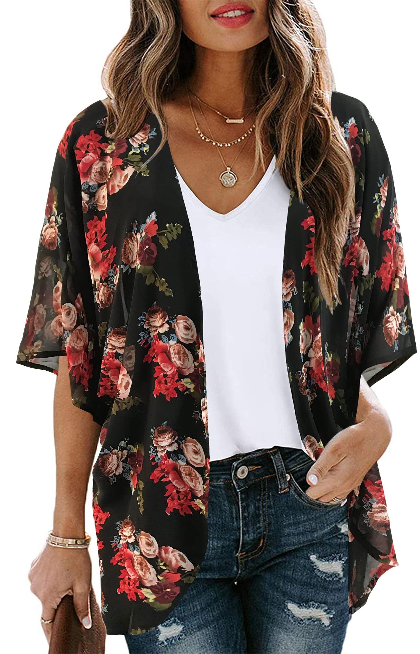 Women's Floral Print Puff Sleeve Kimono Cardigan Loose Cover Up Casual Blouse Tops