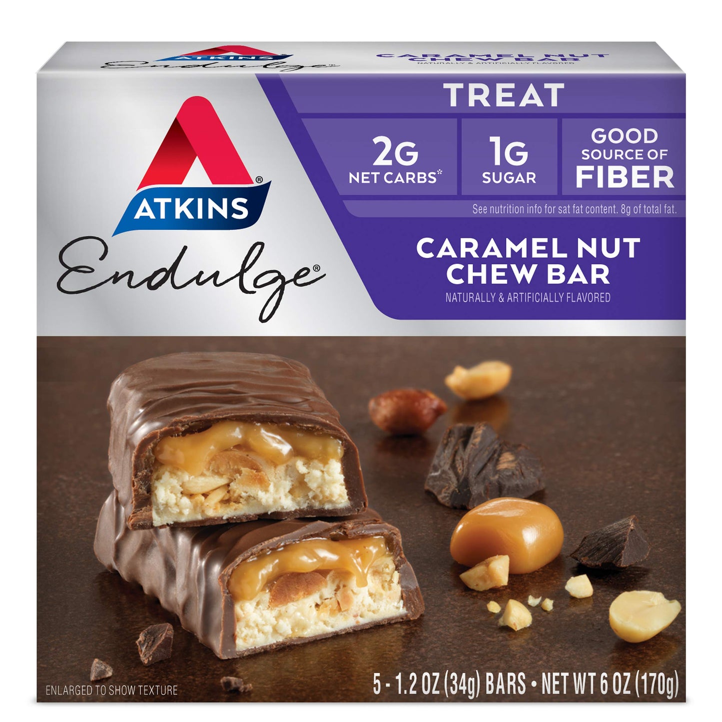 Atkins Endulge Caramel Nut Chew Bar, Dessert Favorite, 1g Sugar, Good Source of Fiber, Low Sugar, 10 Count