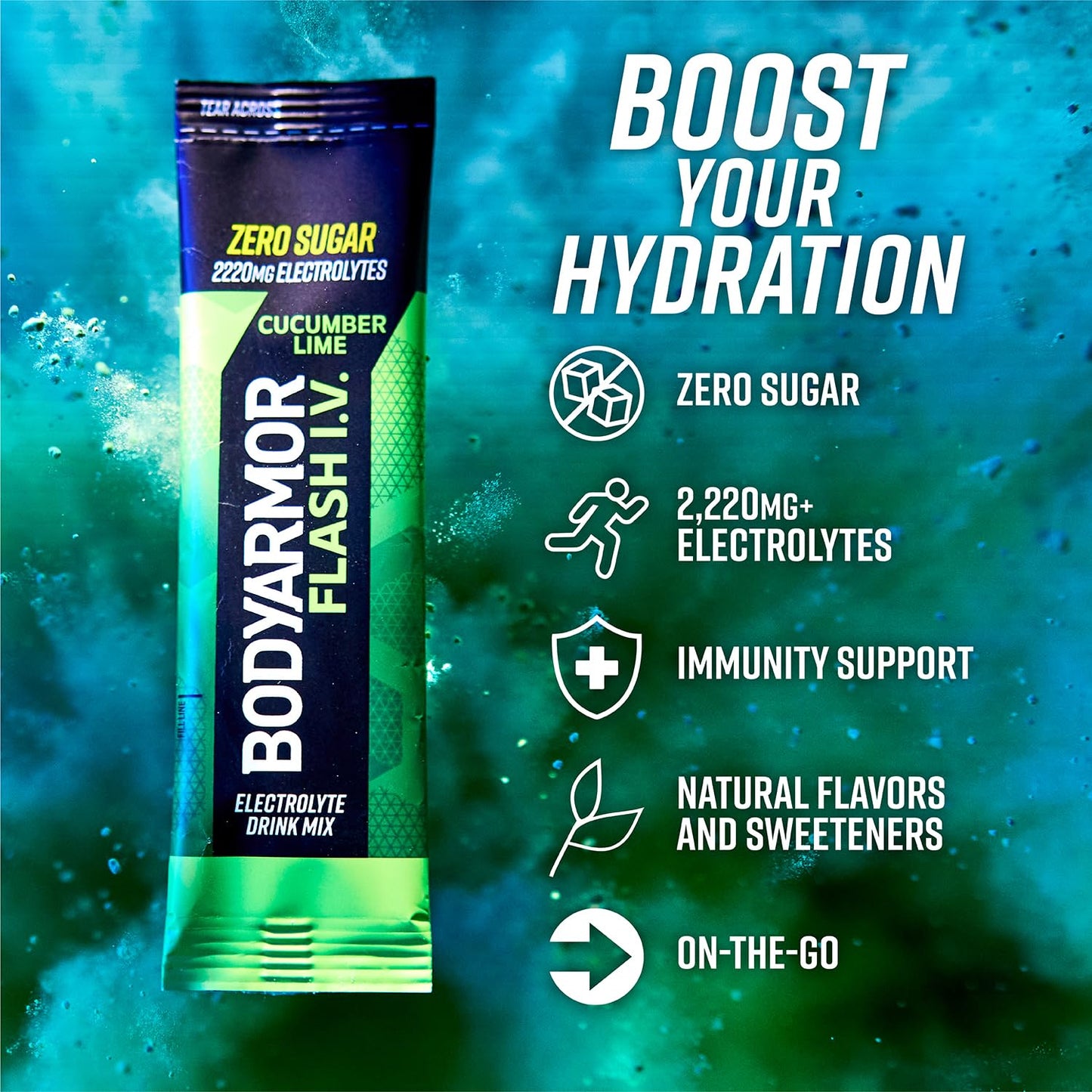 BODYARMOR Flash IV Electrolyte Packets, Strawberry Kiwi - Zero Sugar Drink Mix, Single Serve Packs, Coconut Water Powder (15 Count)