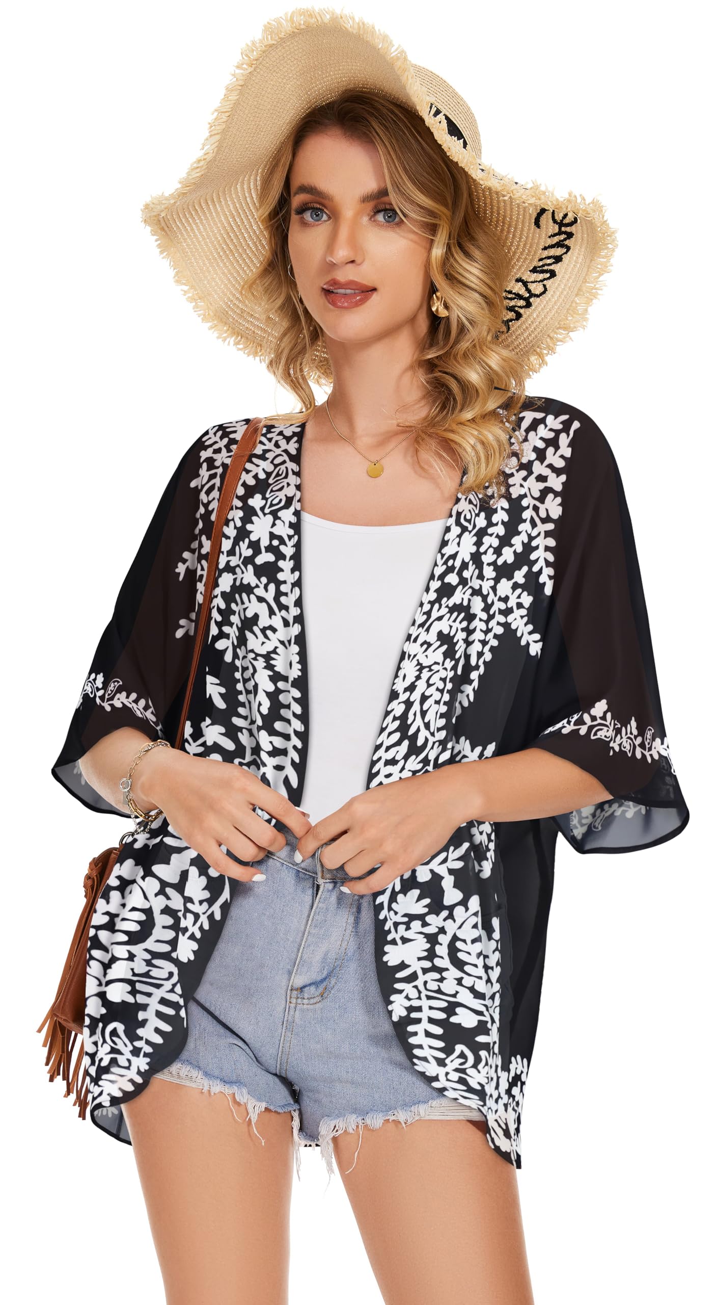 Women's Floral Print Puff Sleeve Kimono Cardigan Loose Cover Up Casual Blouse Tops