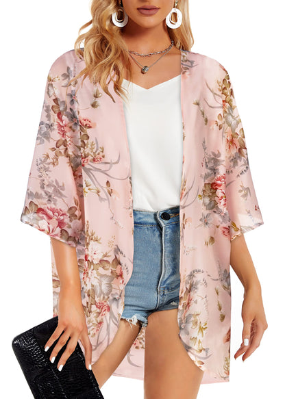 Women's Floral Print Puff Sleeve Kimono Cardigan Loose Cover Up Casual Blouse Tops