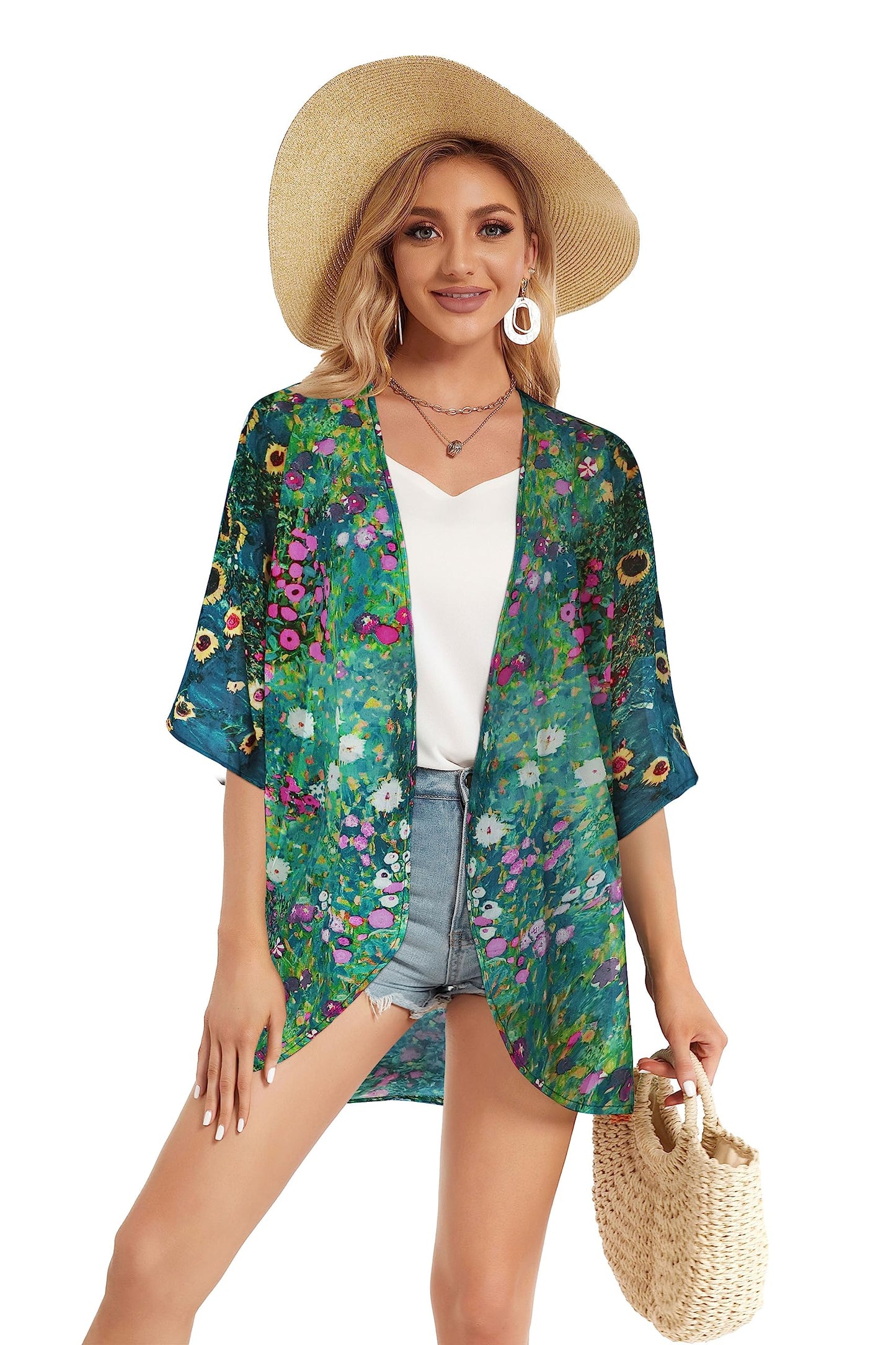 Women's Floral Print Puff Sleeve Kimono Cardigan Loose Cover Up Casual Blouse Tops