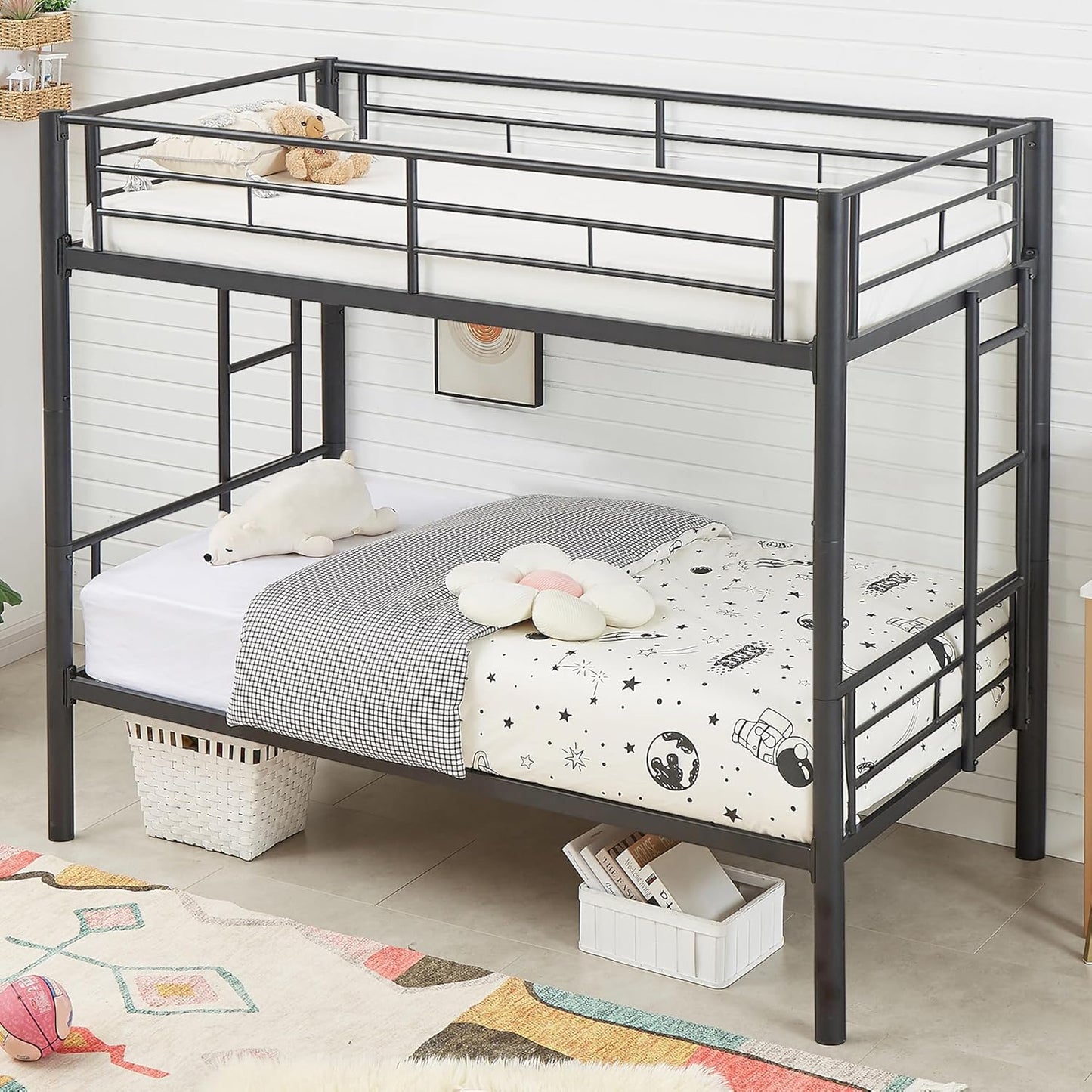 VECELO Metal Bunk Bed Twin Over Twin, Industrial Bunkbeds with Ladder and Full-Length Guardrail, Noise Free, No Boxing Spring Needed, Black