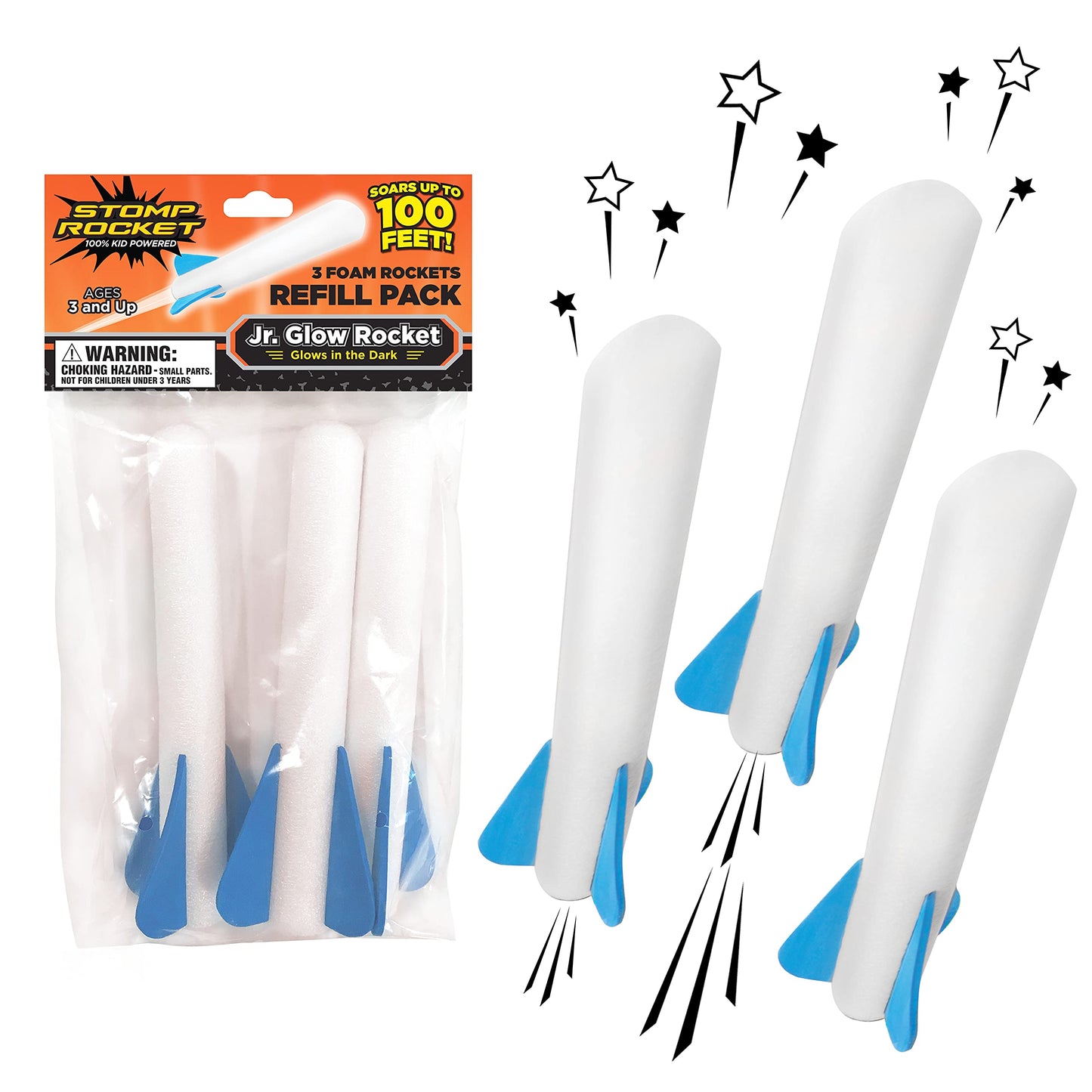 Stomp Rocket Jr Glow Rocket Refills - 3 Glow-in-The-Dark Rockets - Replacement Set for Soft Foam Rocket Launcher - Fun Outdoor Kids Toys Gift for Boys & Girls - Ages 3 & Up