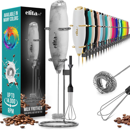 ElitaPro Powerful Milk Frother Wand - 2 in 1 Handheld Coffee Frother and Egg Beater - Mini Foam Maker With Stand - Whisk Drink Mixer & Foamer for Coffee, Latte, Matcha, Hot Chocolate (Exec Black)