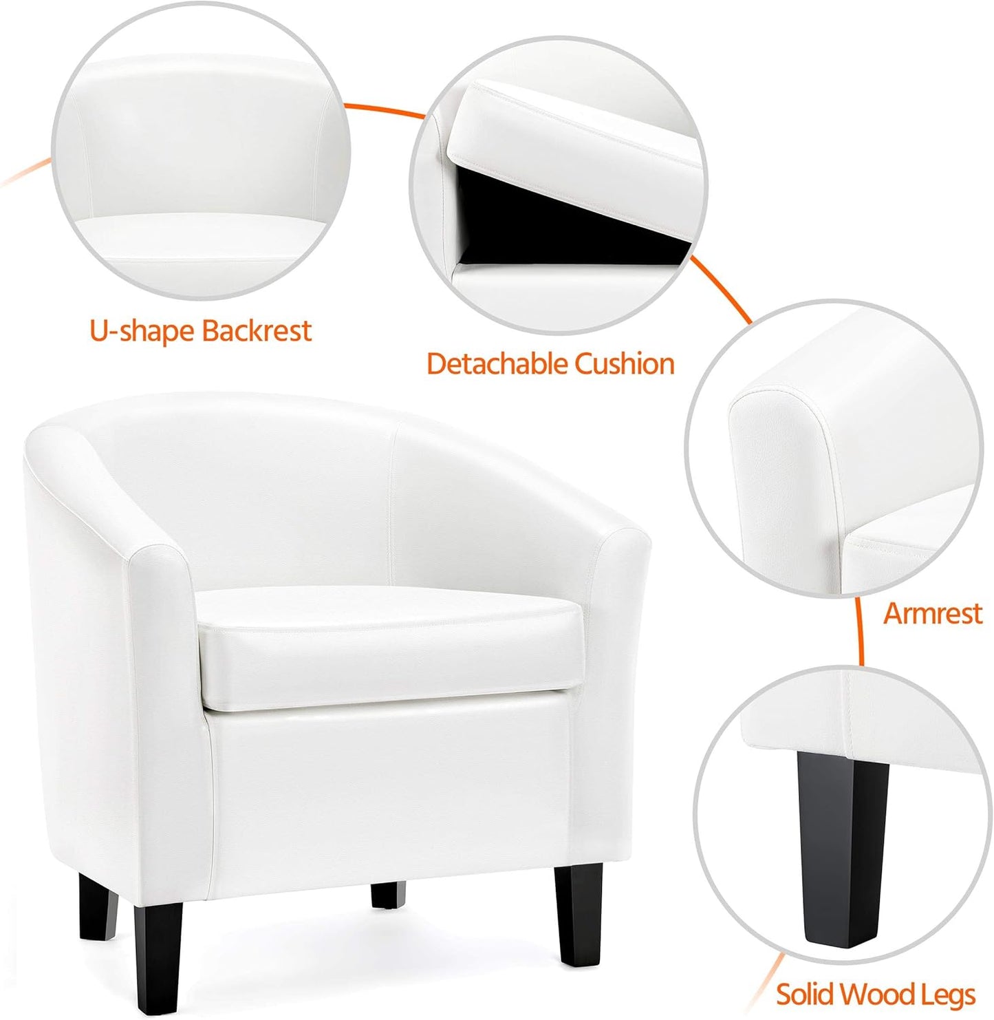 Yaheetech White Leather Chair, Faux Leather Accent Chair, Modern Barrel Chair Comfy Club Chair with Soft Padded and Solid Legs for Living Room Bedroom Reception Room, White