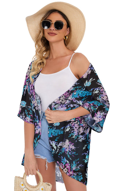 Women's Floral Print Puff Sleeve Kimono Cardigan Loose Cover Up Casual Blouse Tops