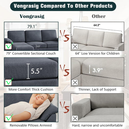 Vongrasig 79" Convertible Sectional Sofa Couch, 3 Seat L Shaped Sofa with Removable Pillows Linen Fabric Small Couch Mid Century for Living Room, Apartment and Office (Gray)