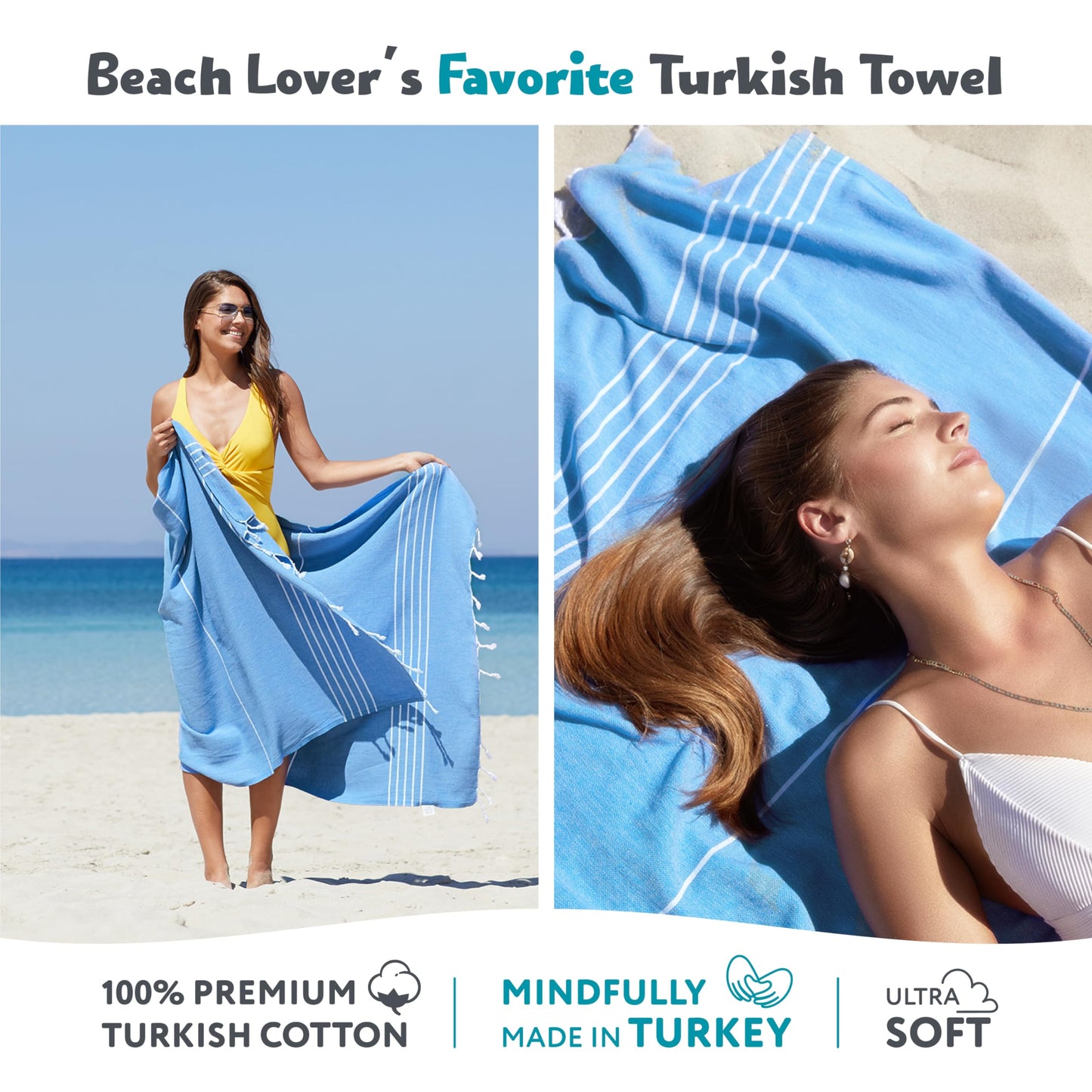 WETCAT Turkish Beach Towel Oversized 38x71 100% Cotton Sand Free Quick Dry Extra Large Light Travel Towel for Adults Beach Accessories Gifts (Blue, Beach Towel (38" x 71"))