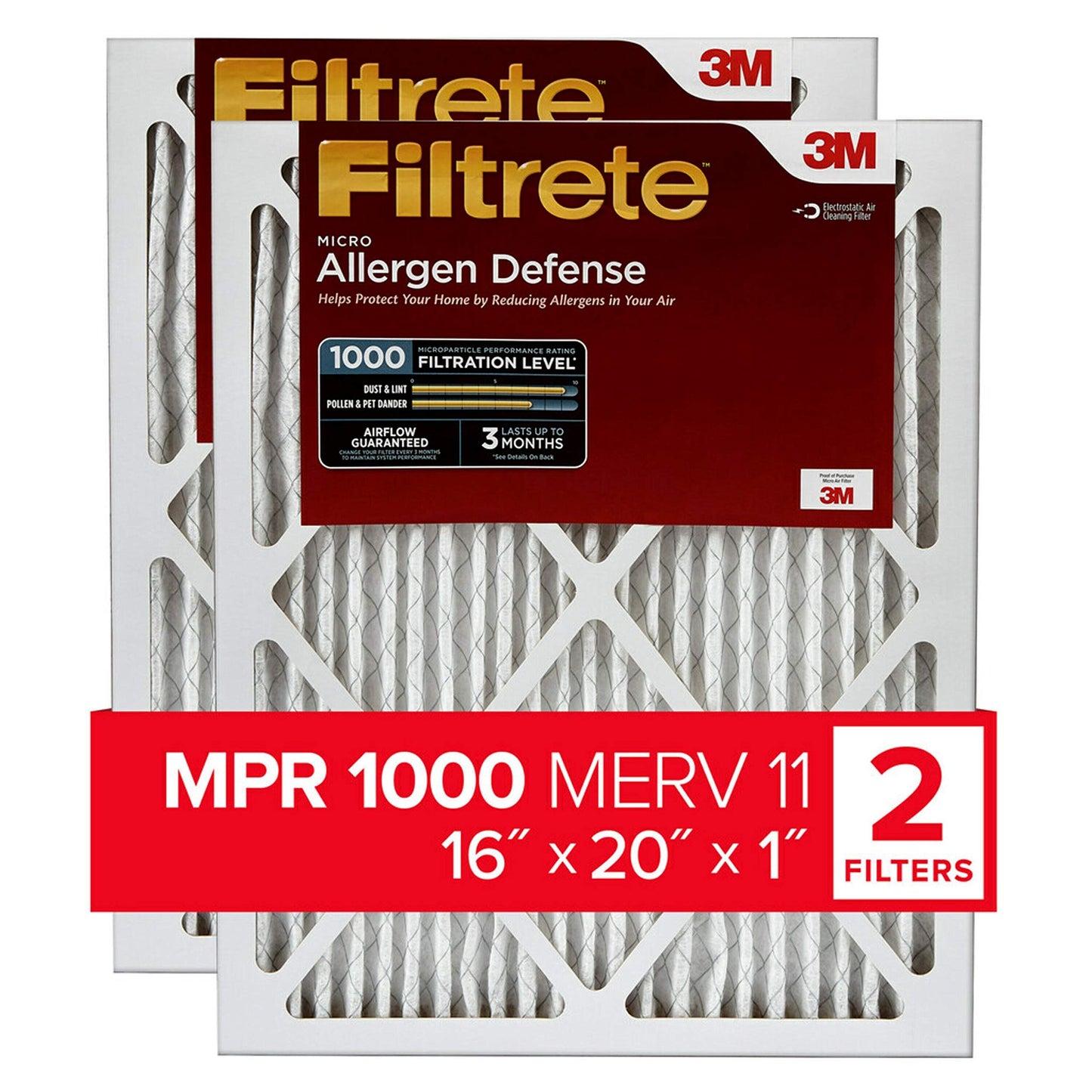 Filtrete 20x25x1 AC Furnace Air Filter, MERV 11, MPR 1000, Micro Allergen Defense, 3-Month Pleated 1-Inch Electrostatic Air Cleaning Filter, 2 Pack (Actual Size 19.688 x 24.688 x 0.84 in)