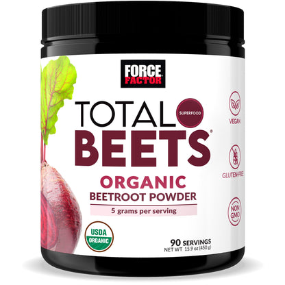 Force Factor Total Beets Organic Beetroot Powder Superfood to Boost Daily Nutrition, USDA Organic, Vegan, Gluten-Free, and Non-GMO Beet Supplement, Unflavored, 90 Servings