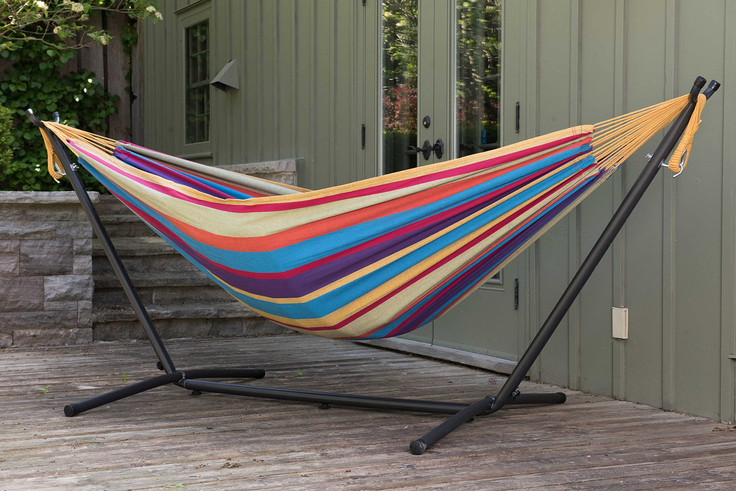 Vivere Double Hammock with Space Saving Steel Stand, Natural (450 lb Capacity - Premium Carry Bag Included)