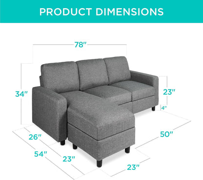 Best Choice Products Upholstered Sectional Sofa for Home, Apartment, Dorm, Bonus Room, Compact Spaces w/Chaise Lounge, 3-Seat, L-Shape Design, Reversible Ottoman Bench, 680lb Capacity - Gray